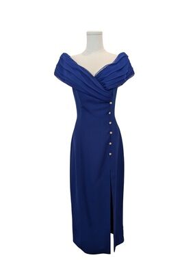 Alex Evenings Navy Off-Shoulder Midi Dress with Side Button Accents